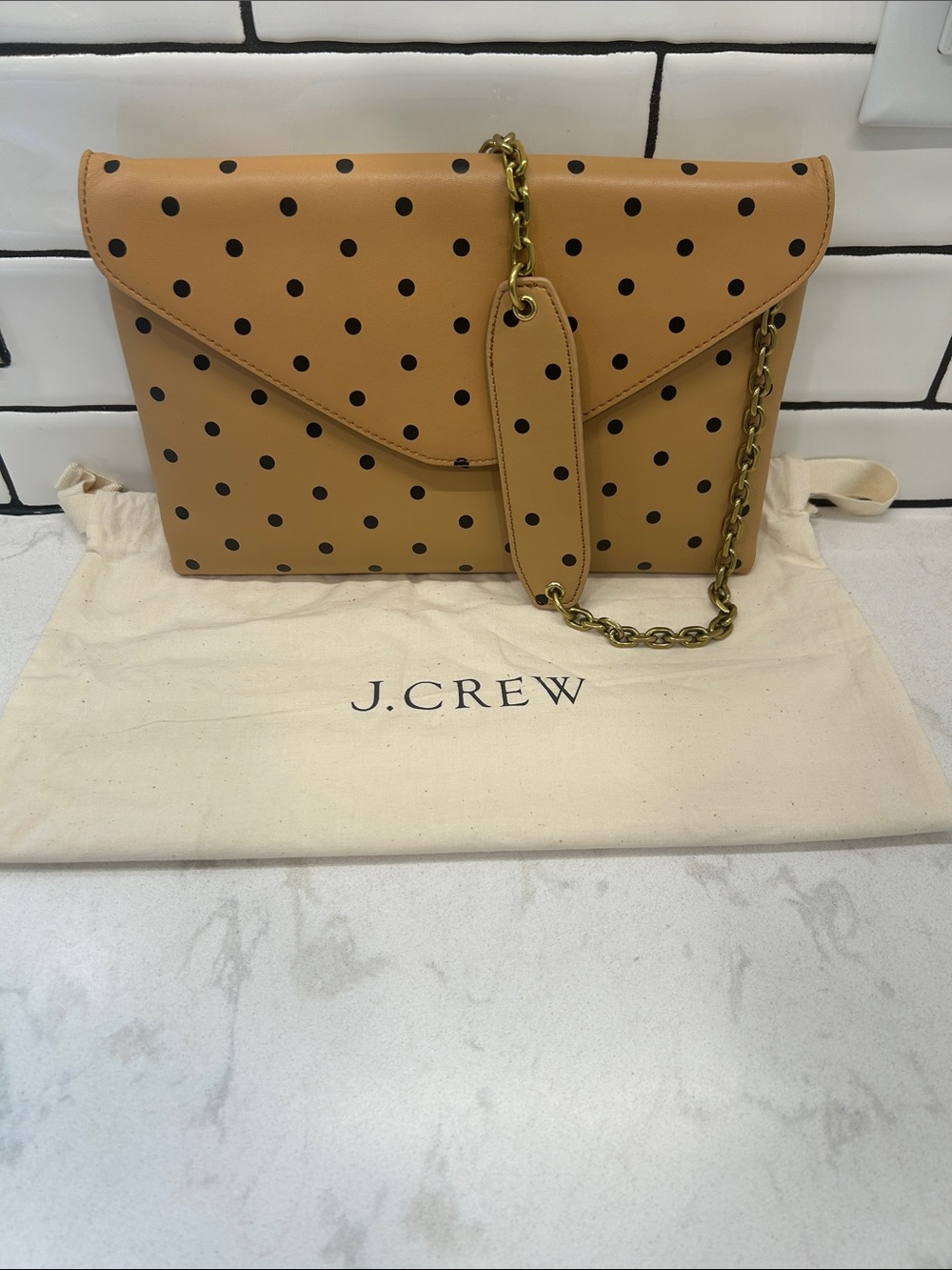 J.Crew "Invitation" Envelope Clutch in Tan Leather with Black Polka Dots Chain